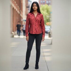 Coldwater Creek L Red Metallic Satin Plaid Full Zip Collared Dressy Top 183F